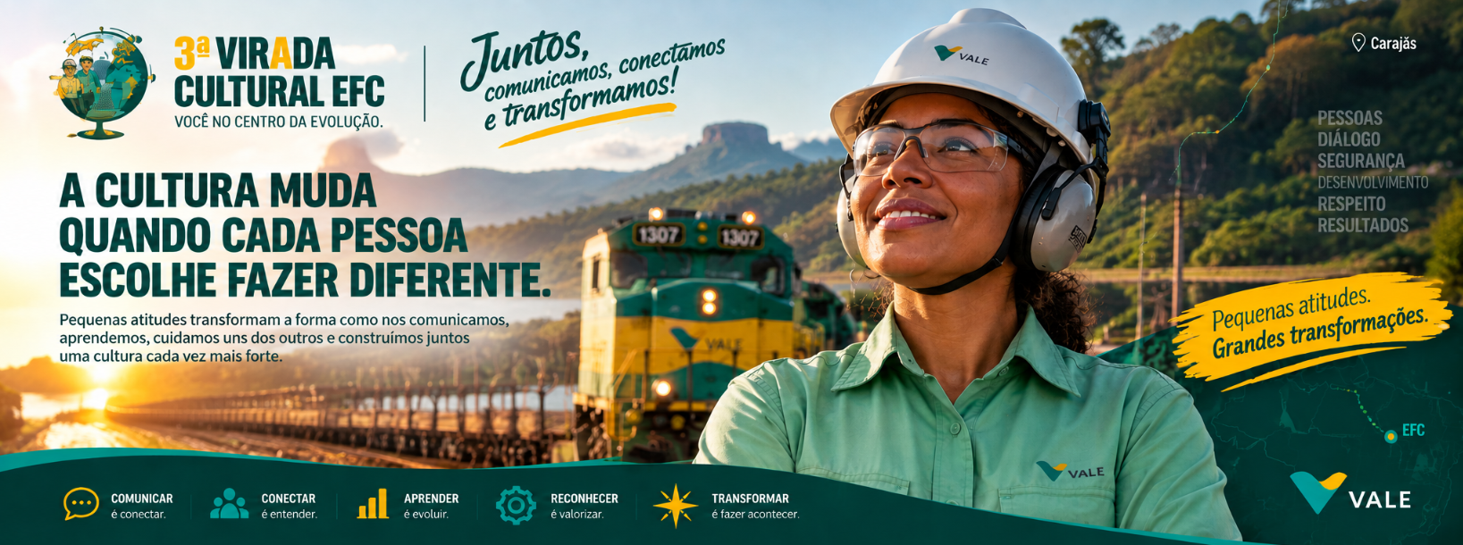 Empregada da Vale sorrindo com capacete e protetor de ouvido em frente à locomotiva da Estrada de Ferro Carajás, com o slogan Juntos, comunicamos, conectamos e transformamos